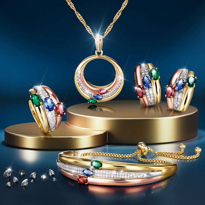 Conjunto ELEGÂNCIA TRICOLOR: Joias a condizer, com acabamento em Ouro amarelo, rosa e branco