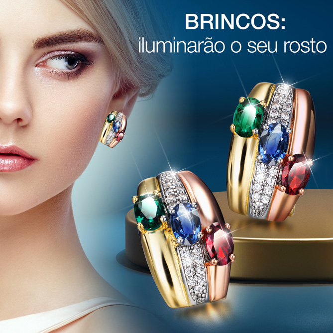 Conjunto ELEGÂNCIA TRICOLOR: Zircónias - em tons de Diamante, Esmeralda, Safira e Rubi